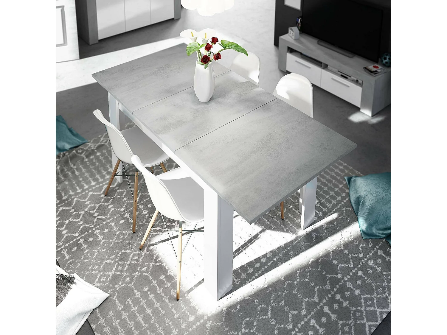 Table extensible Dalice, Console extensible pour salle à manger, Table de cuisine ouvrant avec rallonge, 140/190x90h78 cm, Ciment et Blanc
