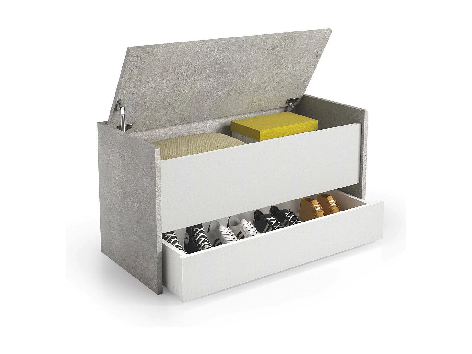 Commode Dgaiard, Meuble d'entrée moderne avec étagère à chaussures, Coffre avec deux conteneurs, 100% Made in Italy, 90x40h46 cm, Blanc et Ciment