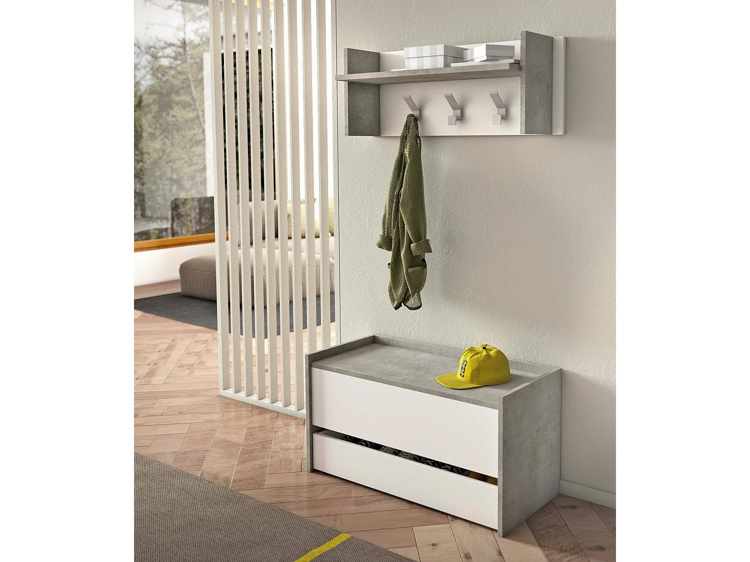 Arcón Dgaiard, Mueble de entrada moderno con zapatero, Cofre baúl con dos contenedores, 100% Made in Italy, 90x40h46 cm, Blanco y Cemento
