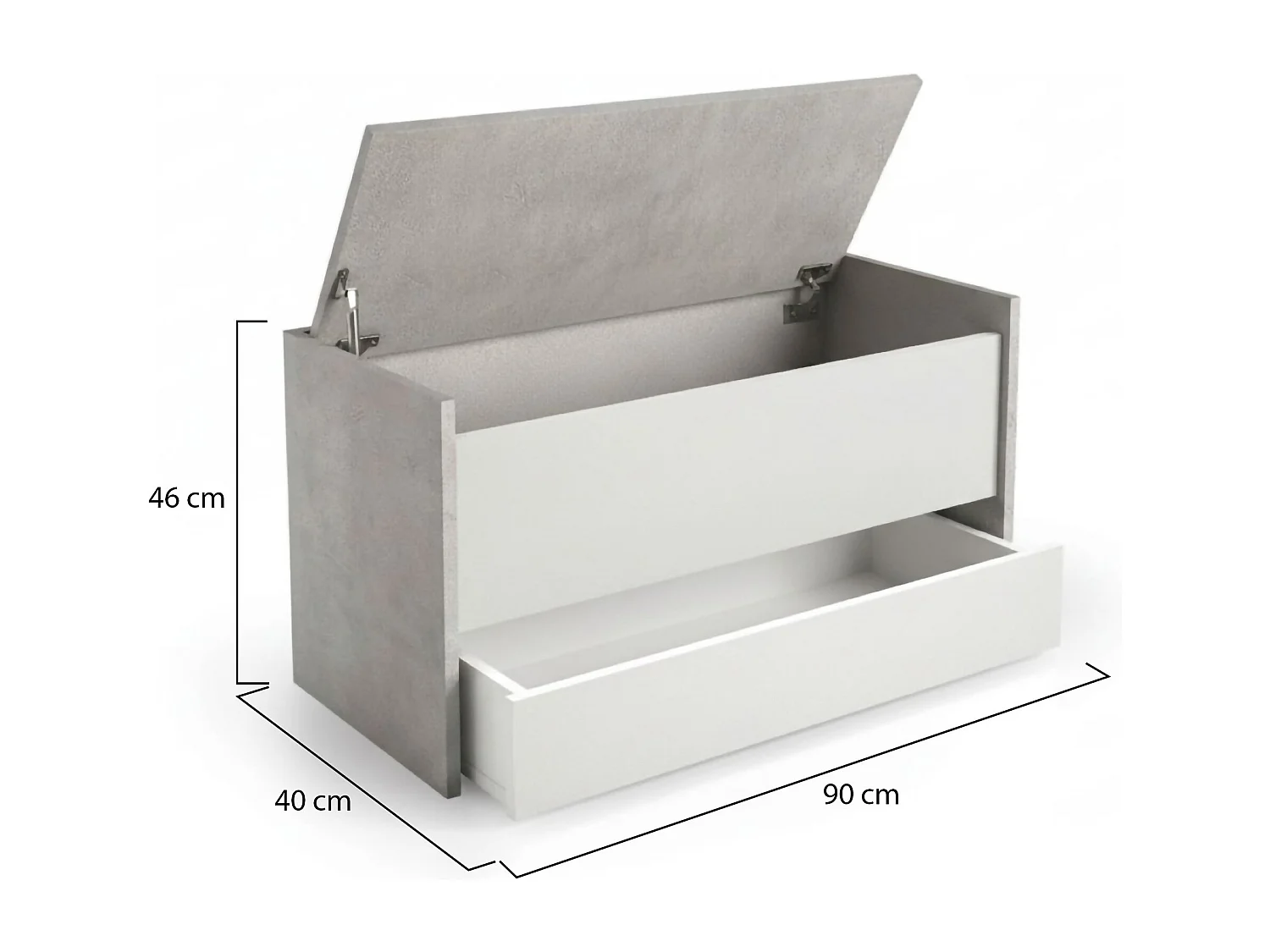 Arcón Dgaiard, Mueble de entrada moderno con zapatero, Cofre baúl con dos contenedores, 100% Made in Italy, 90x40h46 cm, Blanco y Cemento