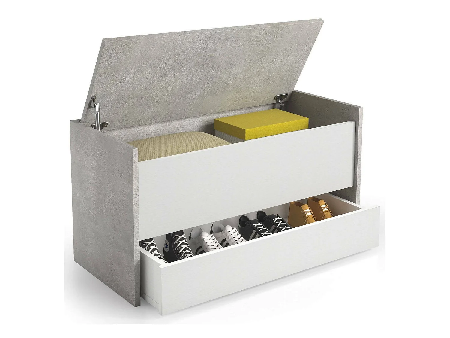 Dgaiard-kist, Modern entreemeubilair met schoenenrek, Kofferbak met twee containers, 100% Made in Italy, 90x40h46 cm, Wit en Cement