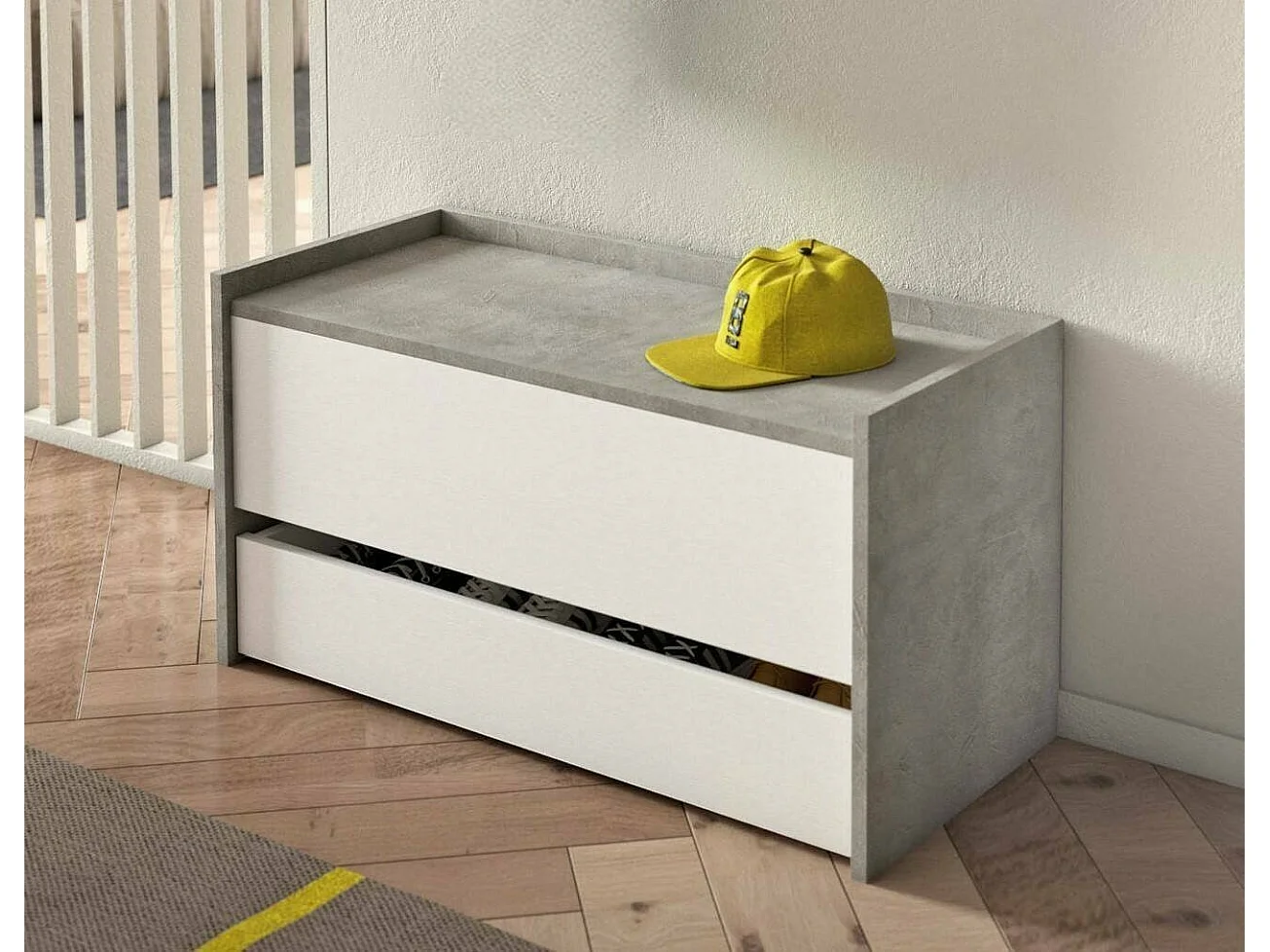 Dgaiard-kist, Modern entreemeubilair met schoenenrek, Kofferbak met twee containers, 100% Made in Italy, 90x40h46 cm, Wit en Cement