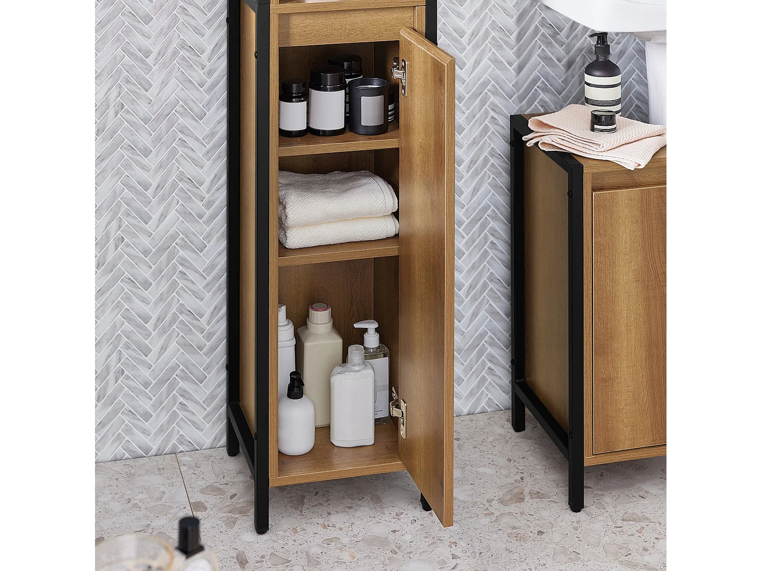 Meuble Colonne De Salle De Bain Avec 3 Niches, 1 Porte Et 3 Etagères Intérieurs, BZr62-pf