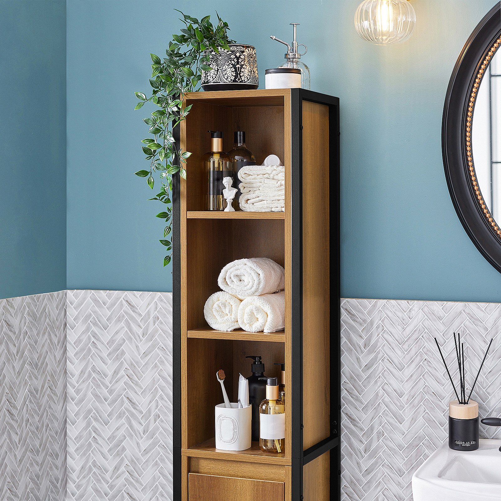Meuble Colonne Étroite Pour Salle De Bain - Armoire De Rangement Gain De Place Avec 3 Étages Réglables & Porte-Rouleau Intégré