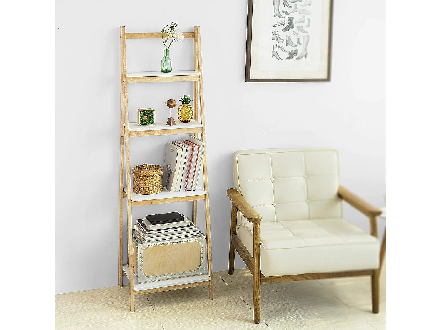 Bibliothèque Étagère Pliable Style Échelle Avec 4 Niveaux De Rangement, Frg162-n