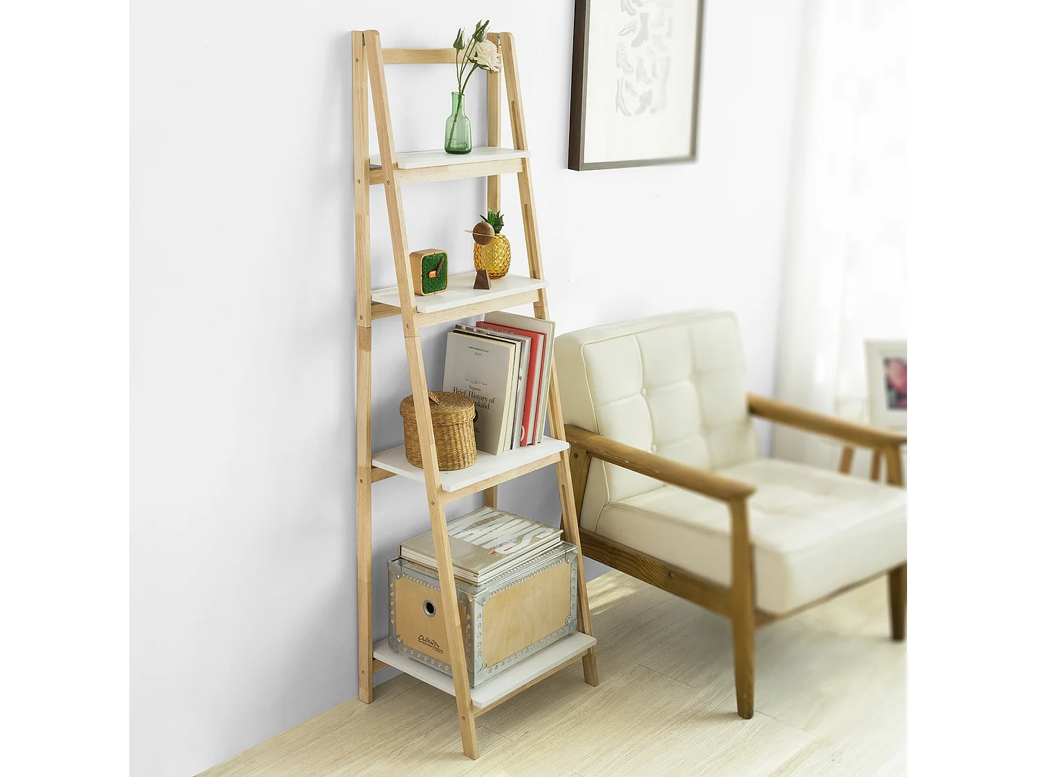 Bibliothèque Étagère Pliable Style Échelle Avec 4 Niveaux De Rangement, Frg162-n
