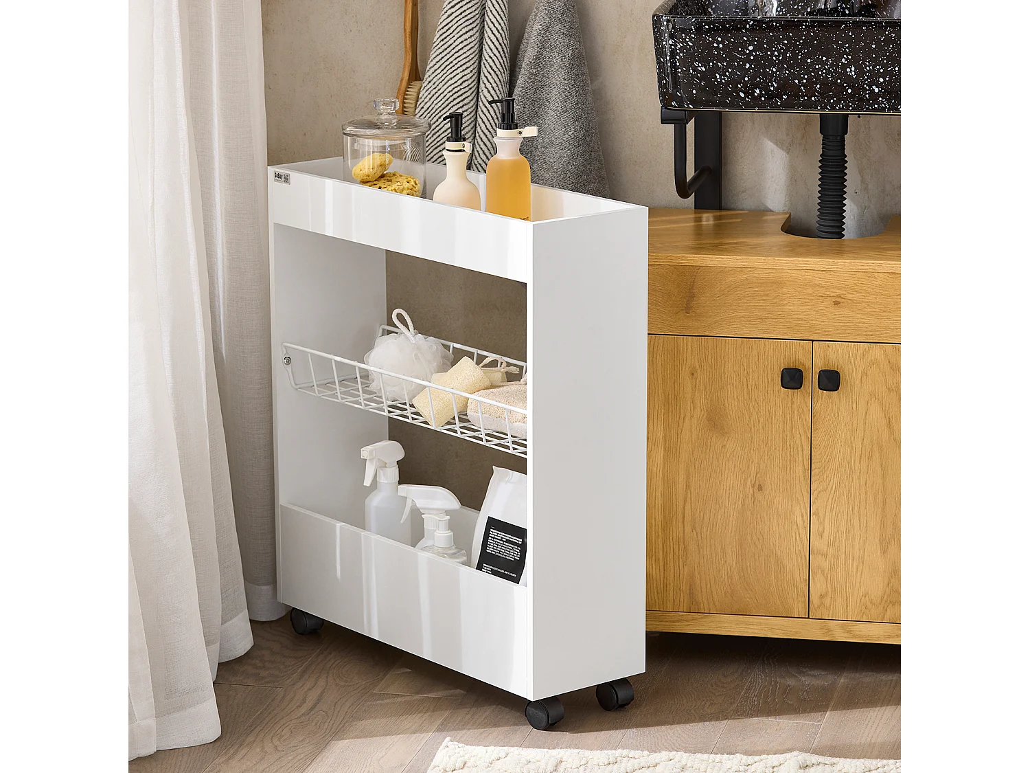 Chariot De Rangement Mobile Sur 3 Niveaux Étagère De Niche À Roulettes En Bois Et Métal , BZr46-w