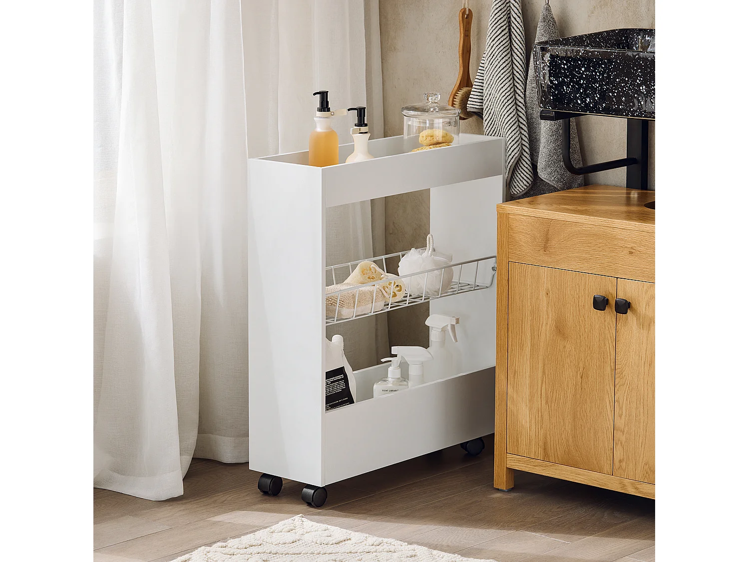 Chariot De Rangement Mobile Sur 3 Niveaux Étagère De Niche À Roulettes En Bois Et Métal , BZr46-w