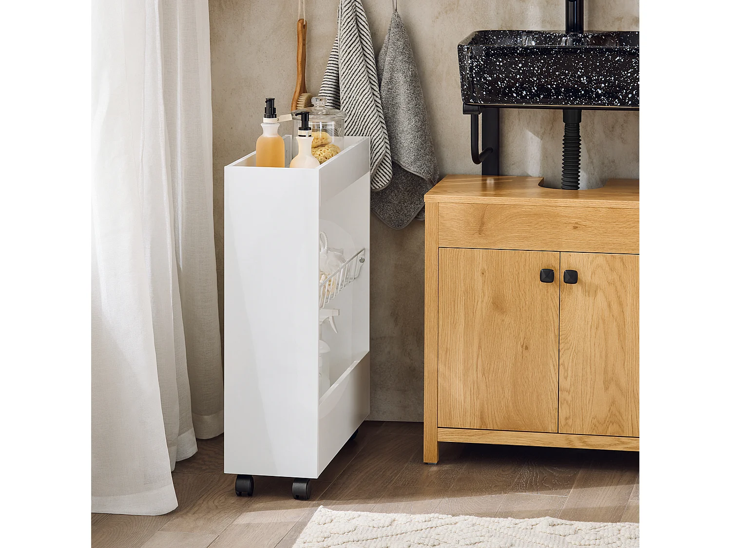 Chariot De Rangement Mobile Sur 3 Niveaux Étagère De Niche À Roulettes En Bois Et Métal , BZr46-w