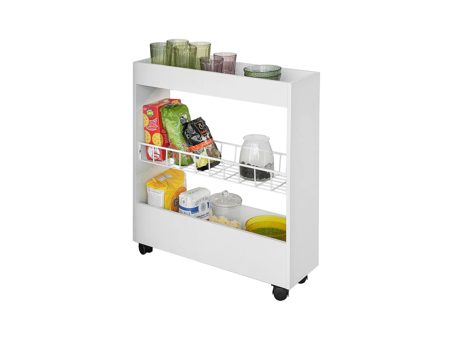 Chariot De Rangement Mobile Sur 3 Niveaux Étagère De Niche À Roulettes En Bois Et Métal , BZr46-w