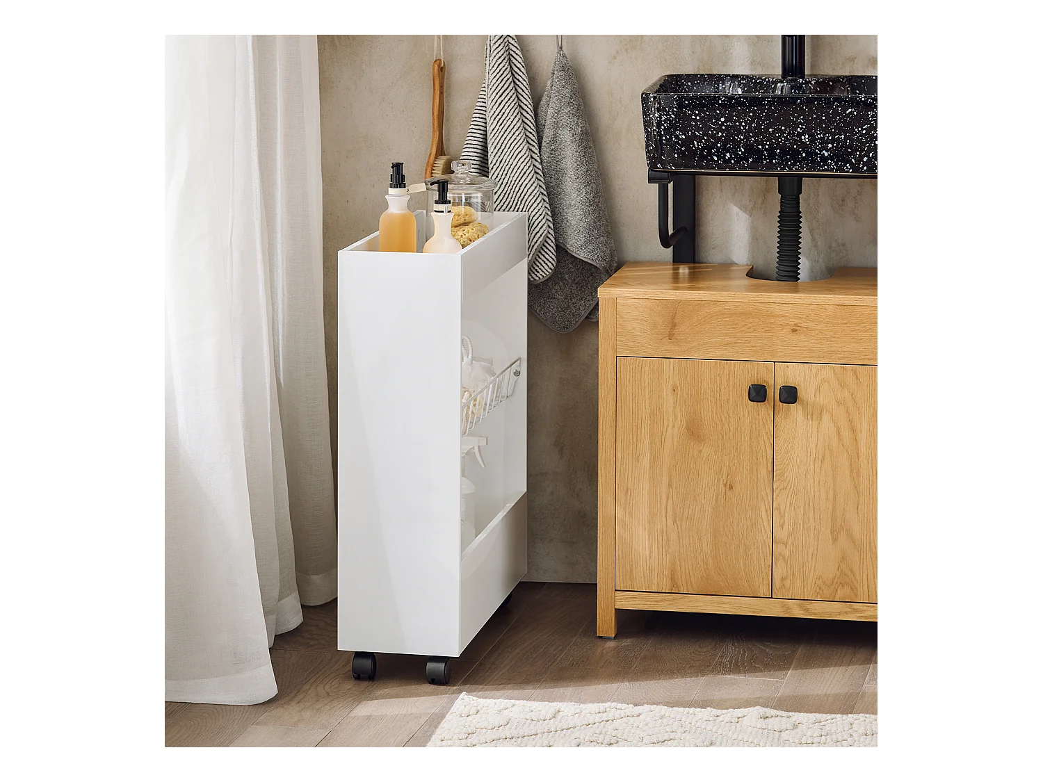 Chariot De Rangement Mobile Sur 3 Niveaux Étagère De Niche À Roulettes En Bois Et Métal , BZr46-w