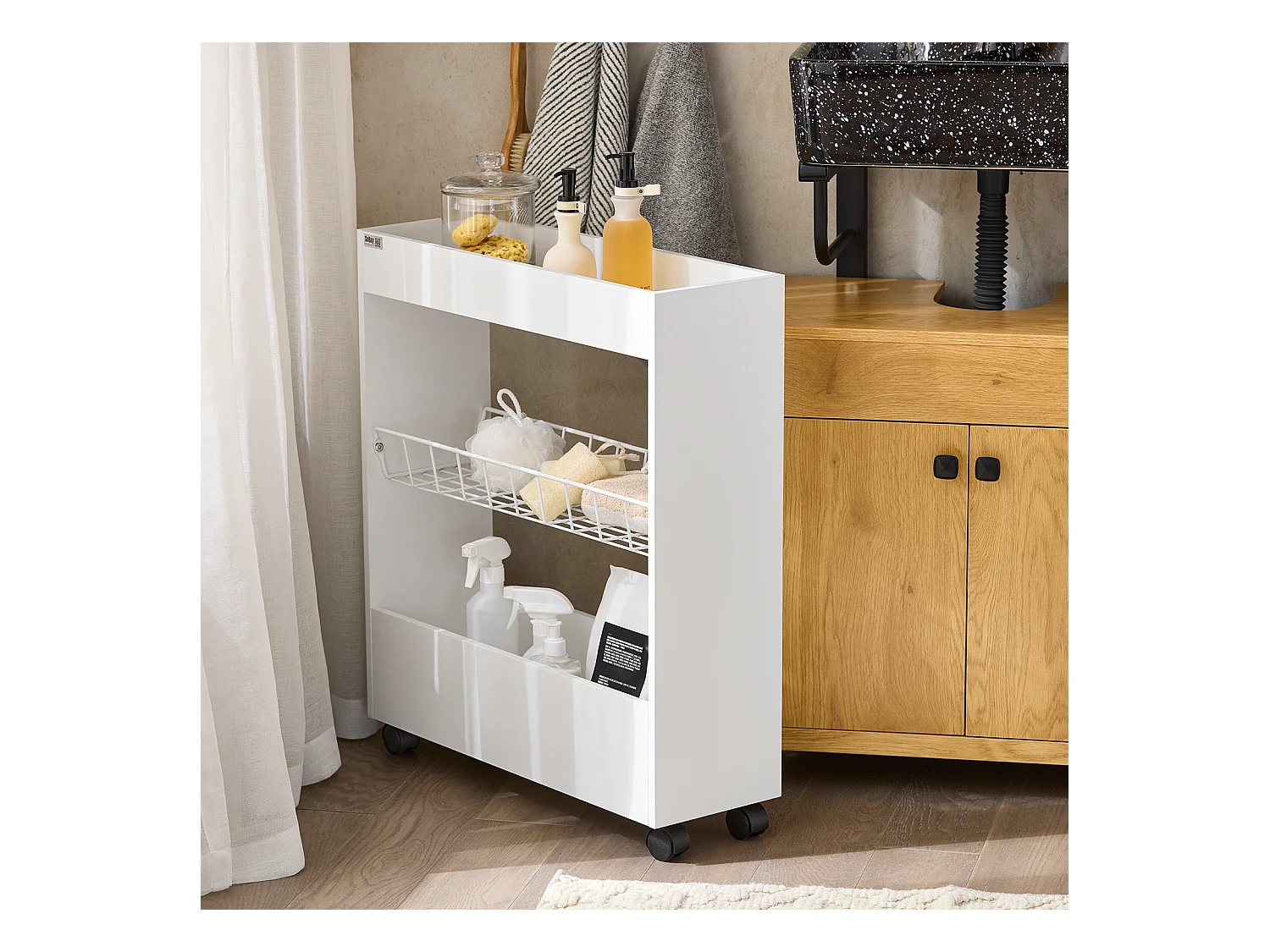 Chariot De Rangement Mobile Sur 3 Niveaux Étagère De Niche À Roulettes En Bois Et Métal , BZr46-w