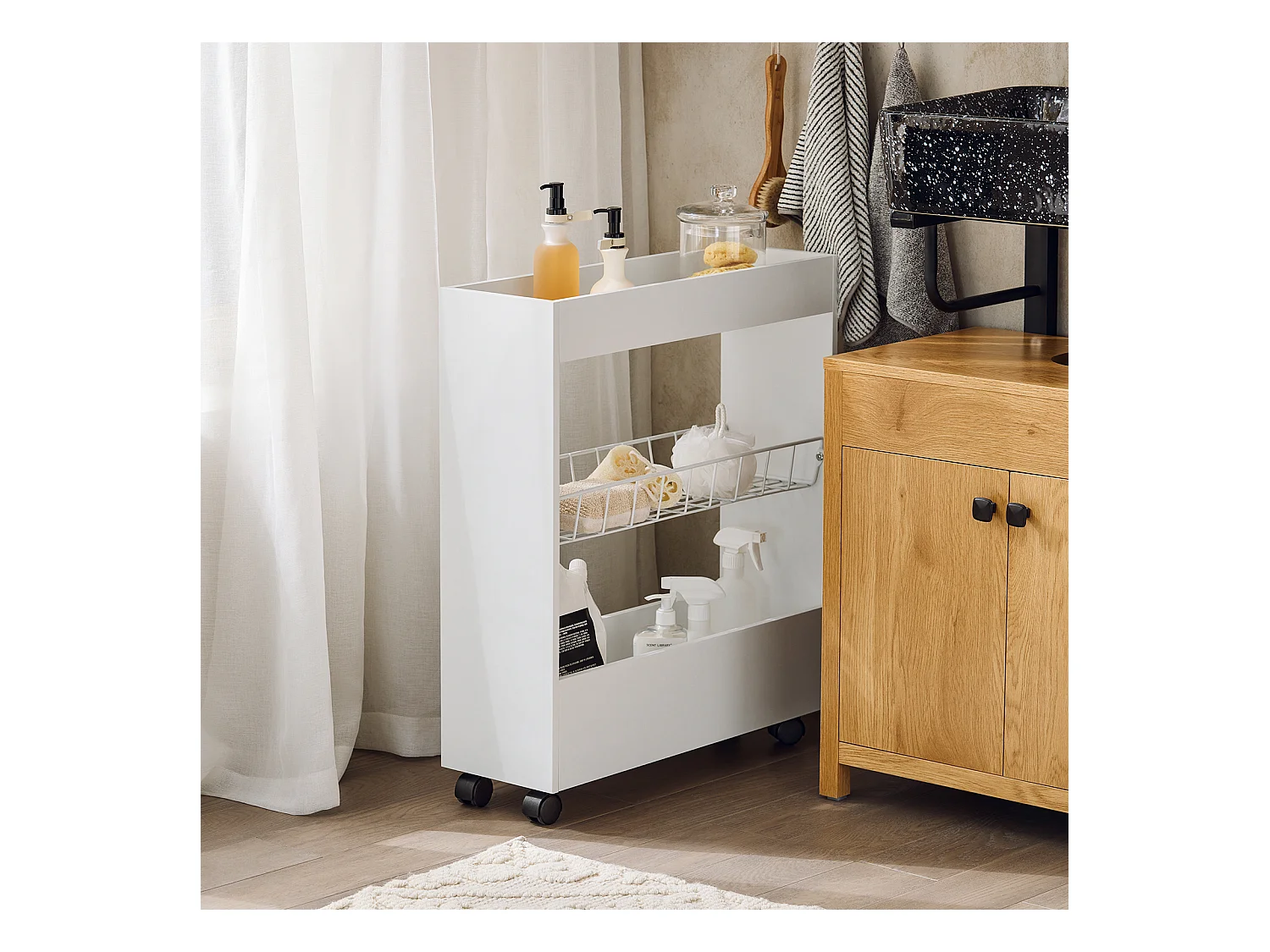 Chariot De Rangement Mobile Sur 3 Niveaux Étagère De Niche À Roulettes En Bois Et Métal , BZr46-w