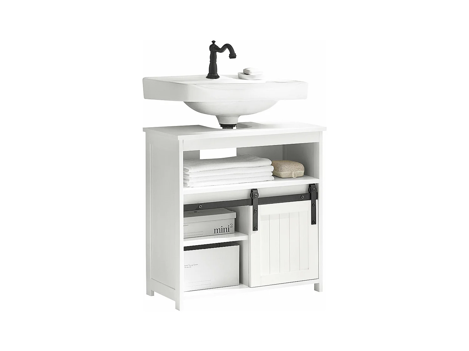 Meuble Sous Lavabo Meuble De Salle De Bain Avec Étagères Et Porte De Grange, BZr61-w