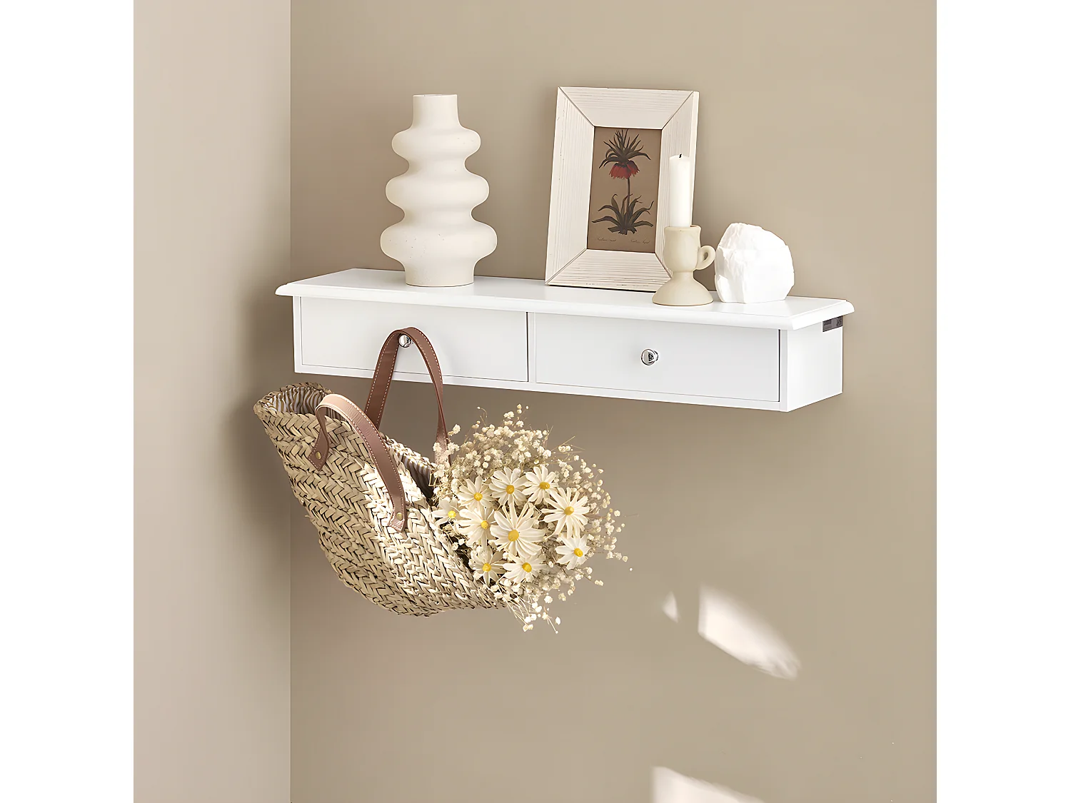 Meuble D’entrée De Rangement Étagère Murale 2 Tiroirs Armoire À Clés 63,5x13,5x10 cm, Frg43-w