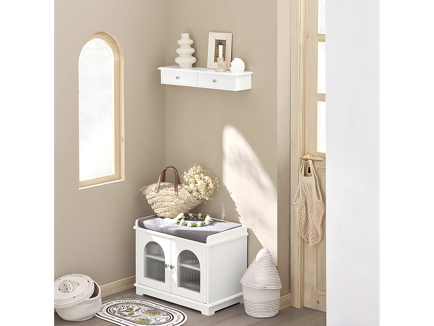 Meuble D’entrée De Rangement Étagère Murale 2 Tiroirs Armoire À Clés 63,5x13,5x10 cm, Frg43-w