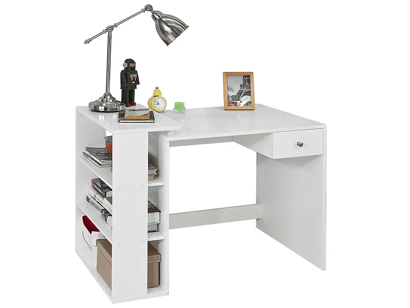 Table Bureau Informatique Plan De Travail Avec 3 Étagères Et 1 Tiroir, Blanc, Fwt35-w