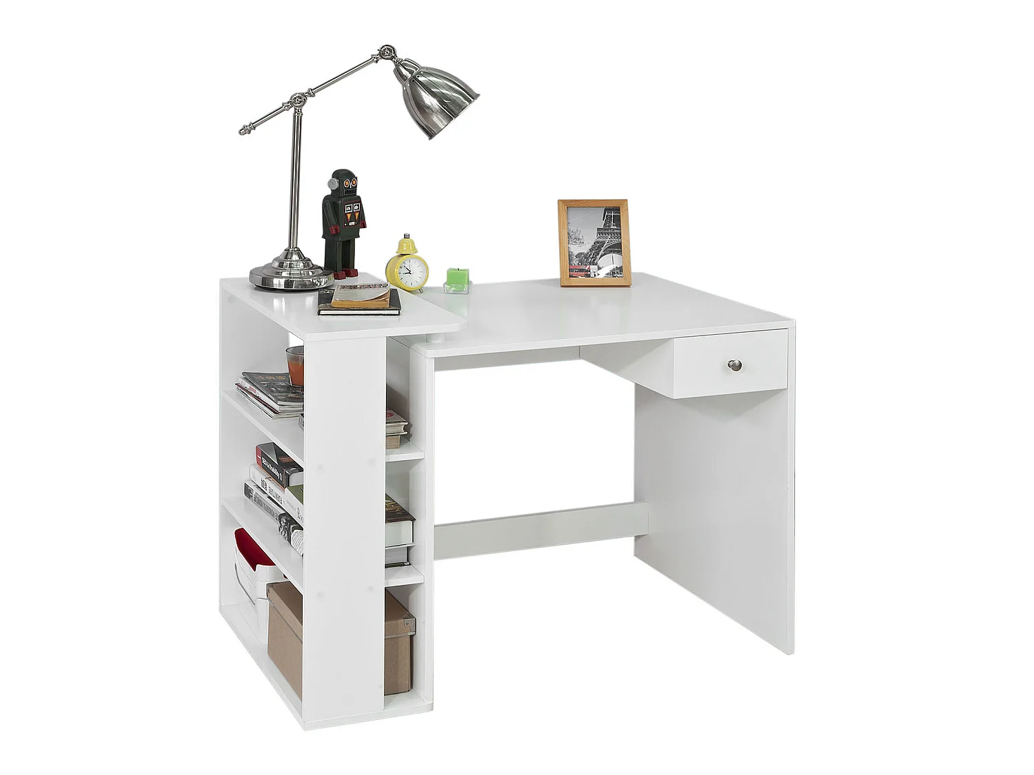 Table Bureau Informatique Plan De Travail Avec 3 Étagères Et 1 Tiroir, Blanc, Fwt35-w