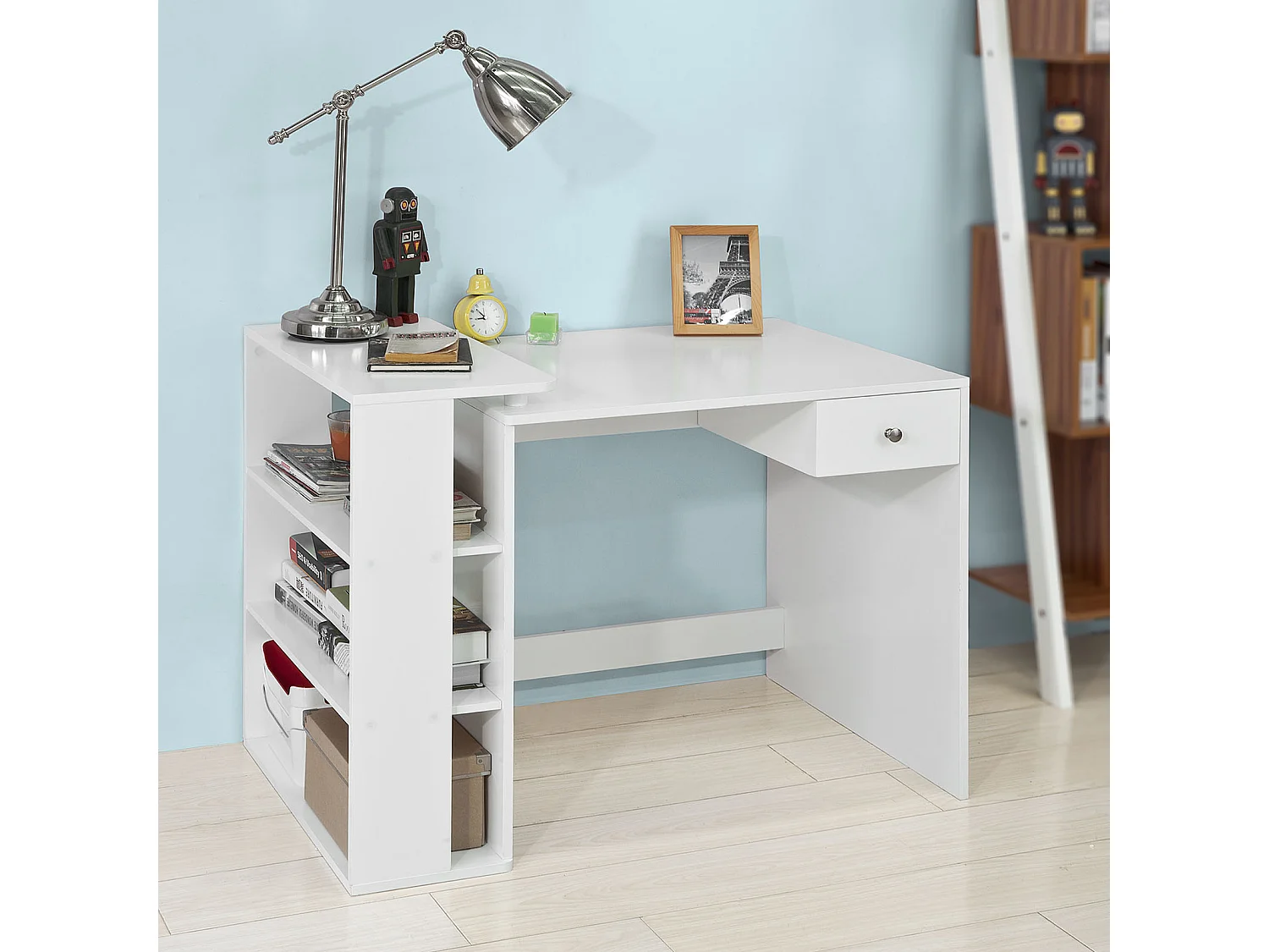 SoBuy FWT35-W Bureau Werktafel Computertafel - drie legplanken - Lade - Wit