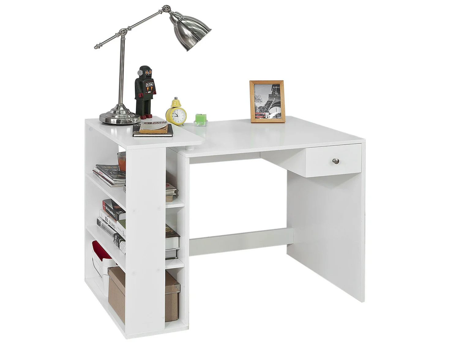 Table Bureau Informatique Plan De Travail Avec 3 Étagères Et 1 Tiroir, Blanc, Fwt35-w