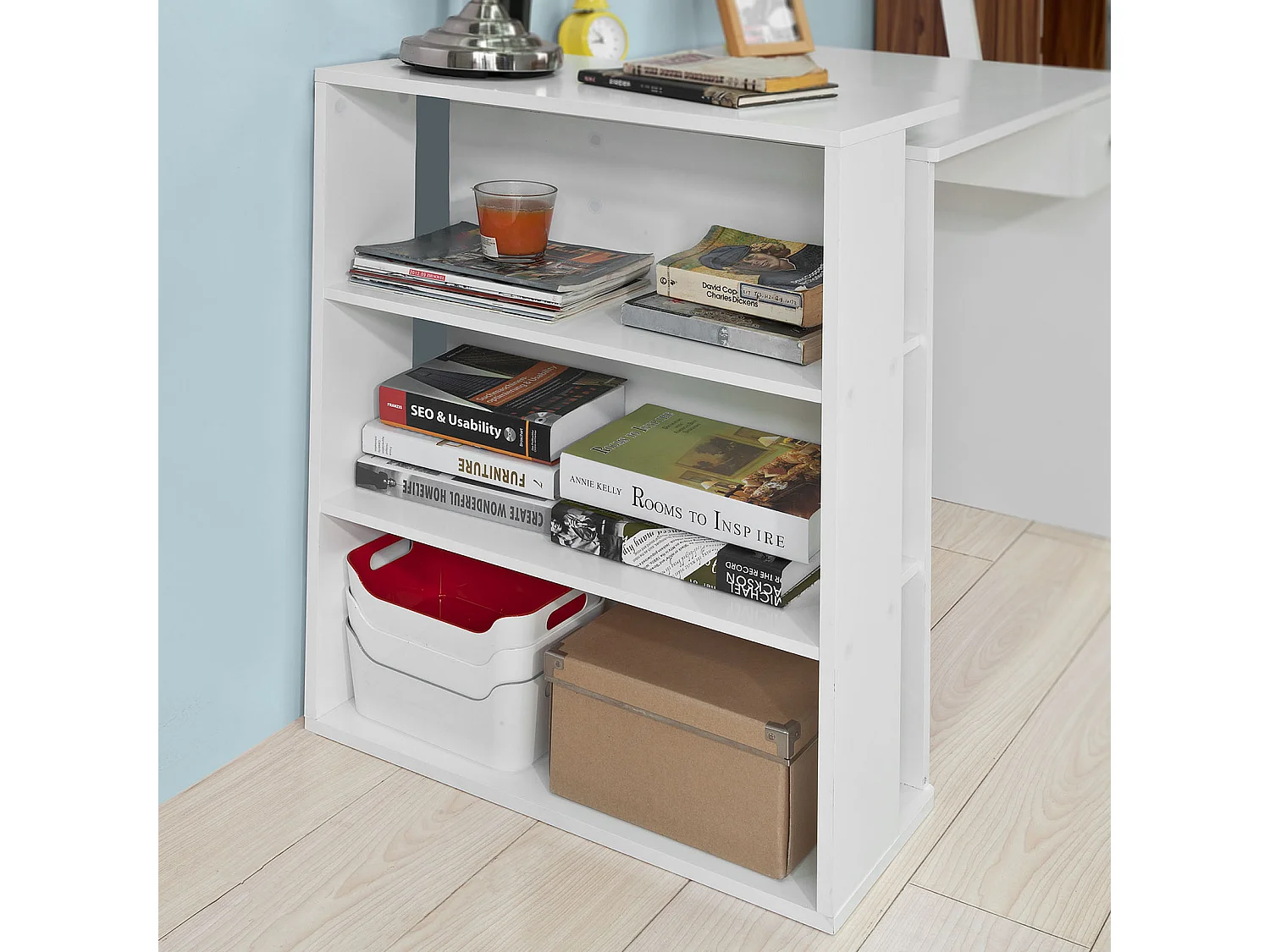 Table Bureau Informatique Plan De Travail Avec 3 Étagères Et 1 Tiroir, Blanc, Fwt35-w