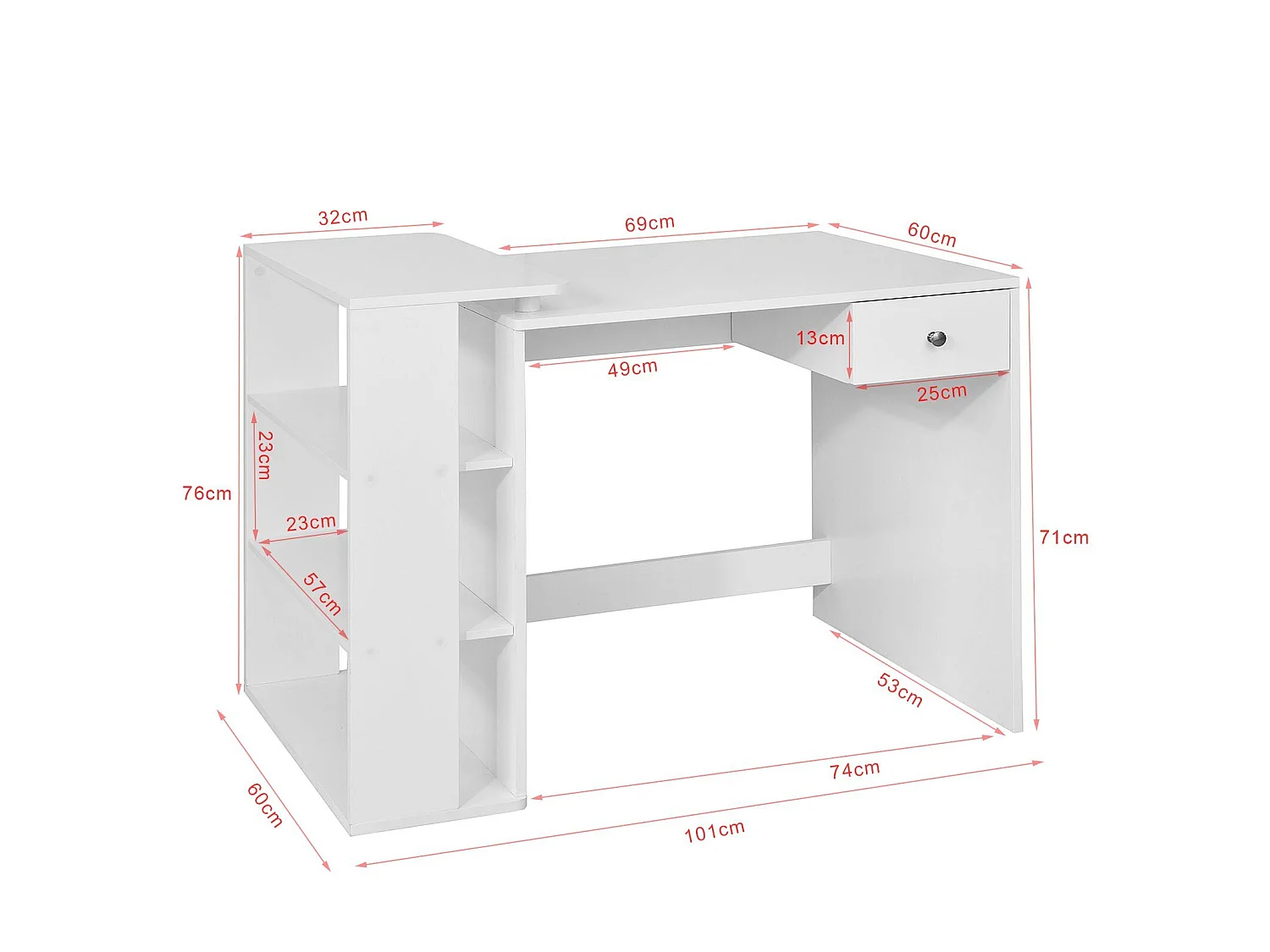 Table Bureau Informatique Plan De Travail Avec 3 Étagères Et 1 Tiroir, Blanc, Fwt35-w