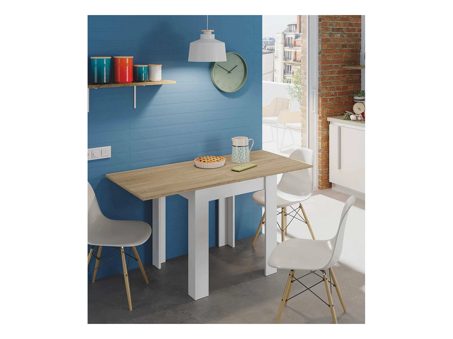 Mesa extensível Dkuavit, Mesa de jantar dobrável com abertura para livro, Mesa auxiliar dobrável, 67x67/135h79 cm, Branco e Carvalho