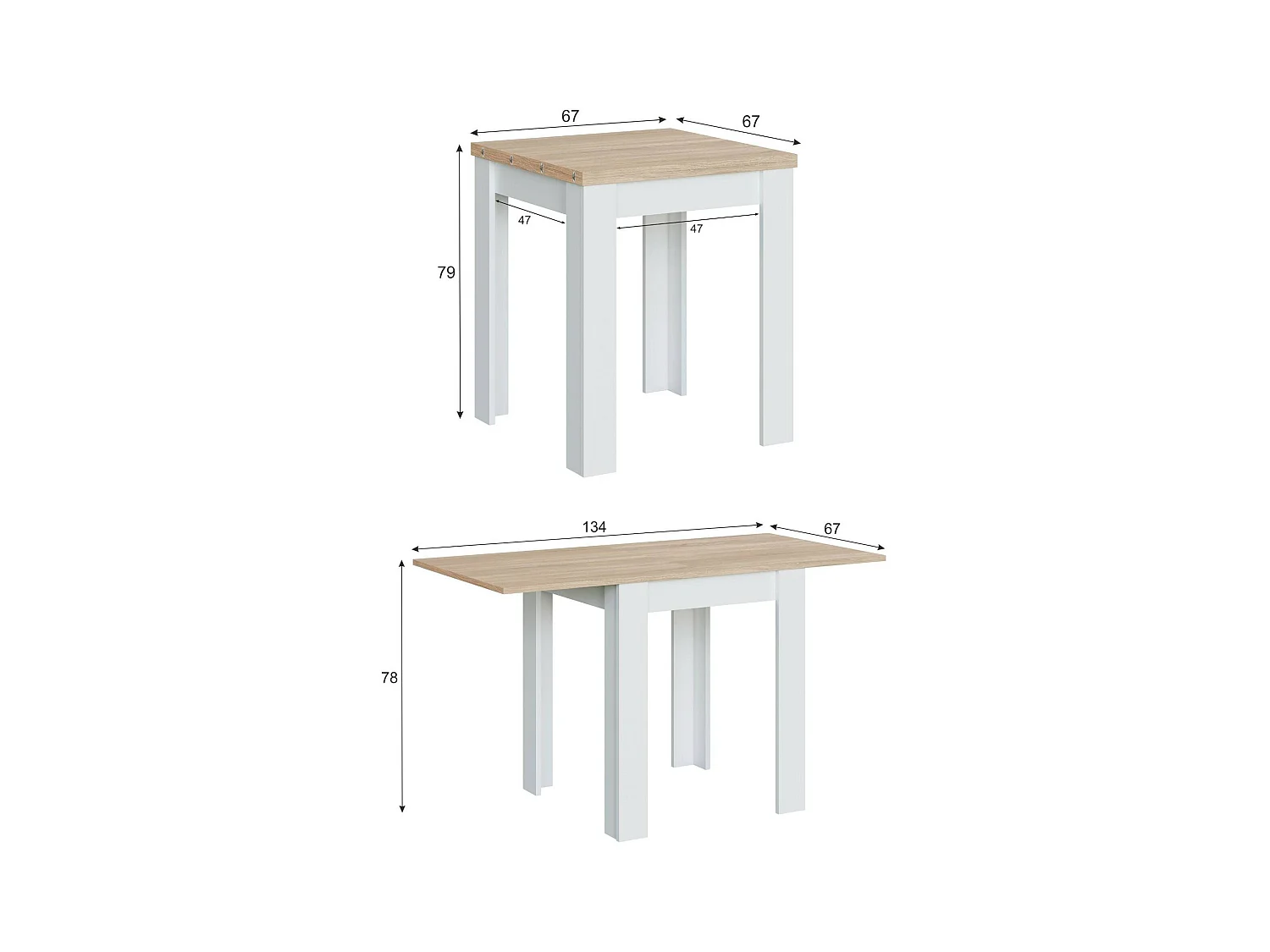 Mesa extensível Dkuavit, Mesa de jantar dobrável com abertura para livro, Mesa auxiliar dobrável, 67x67/135h79 cm, Branco e Carvalho