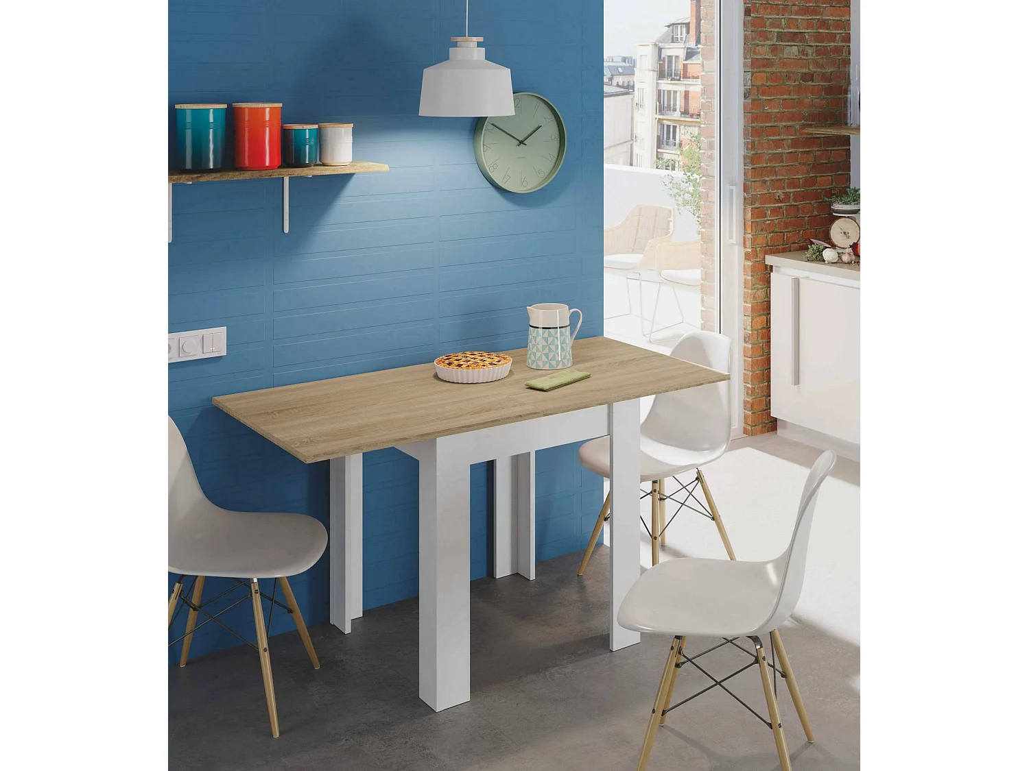 Table extensible Dkuavit, Etagère à manger pliante avec ouverture pour livre, Table d'appoint pliable, 67x67/135h79 cm, Blanc et Chêne