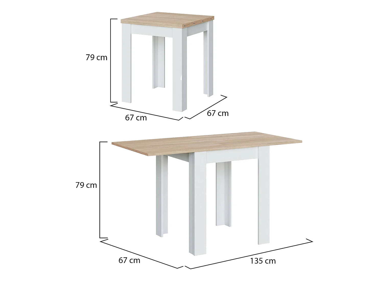Table extensible Dkuavit, Etagère à manger pliante avec ouverture pour livre, Table d'appoint pliable, 67x67/135h79 cm, Blanc et Chêne