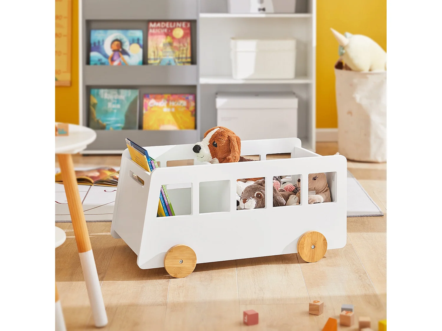 Chariot Bibliothèque Pour Enfants, Coffre À Roulettes, Organisateur Pour Jouets Et Livres, Kmb41-w