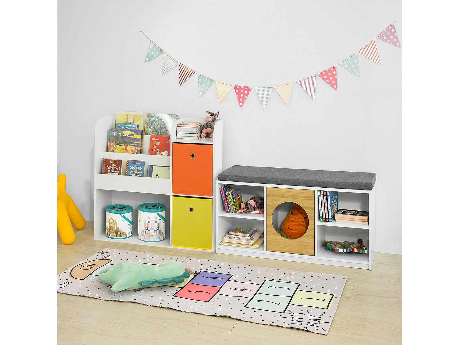 SoBuy KMB37-W Opbergplank voor kinderboeken en speelgoed Boekenkast met 2 manden