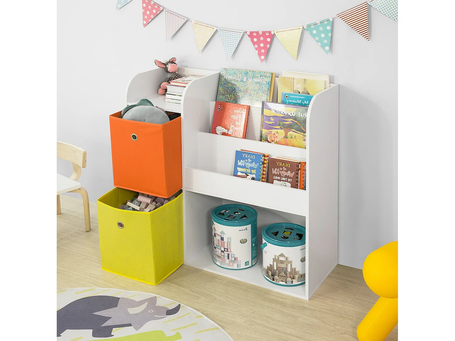 SoBuy KMB37-W Opbergplank voor kinderboeken en speelgoed Boekenkast met 2 manden