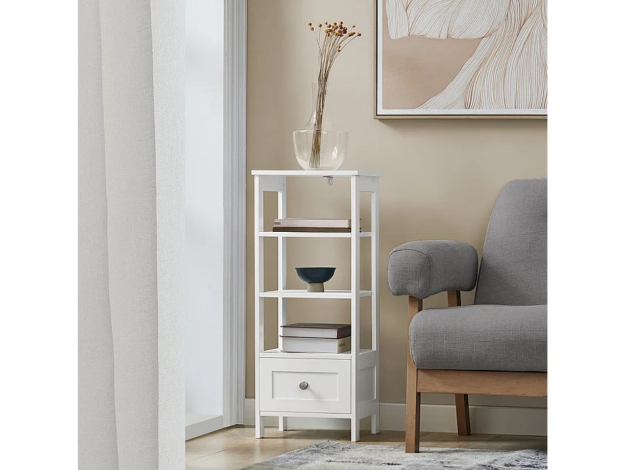 Table D’appoint Haute Bout De Canapé Étagère De Rangement N 3 Niveaux Avec 1 Tiroir, Fbt91-w