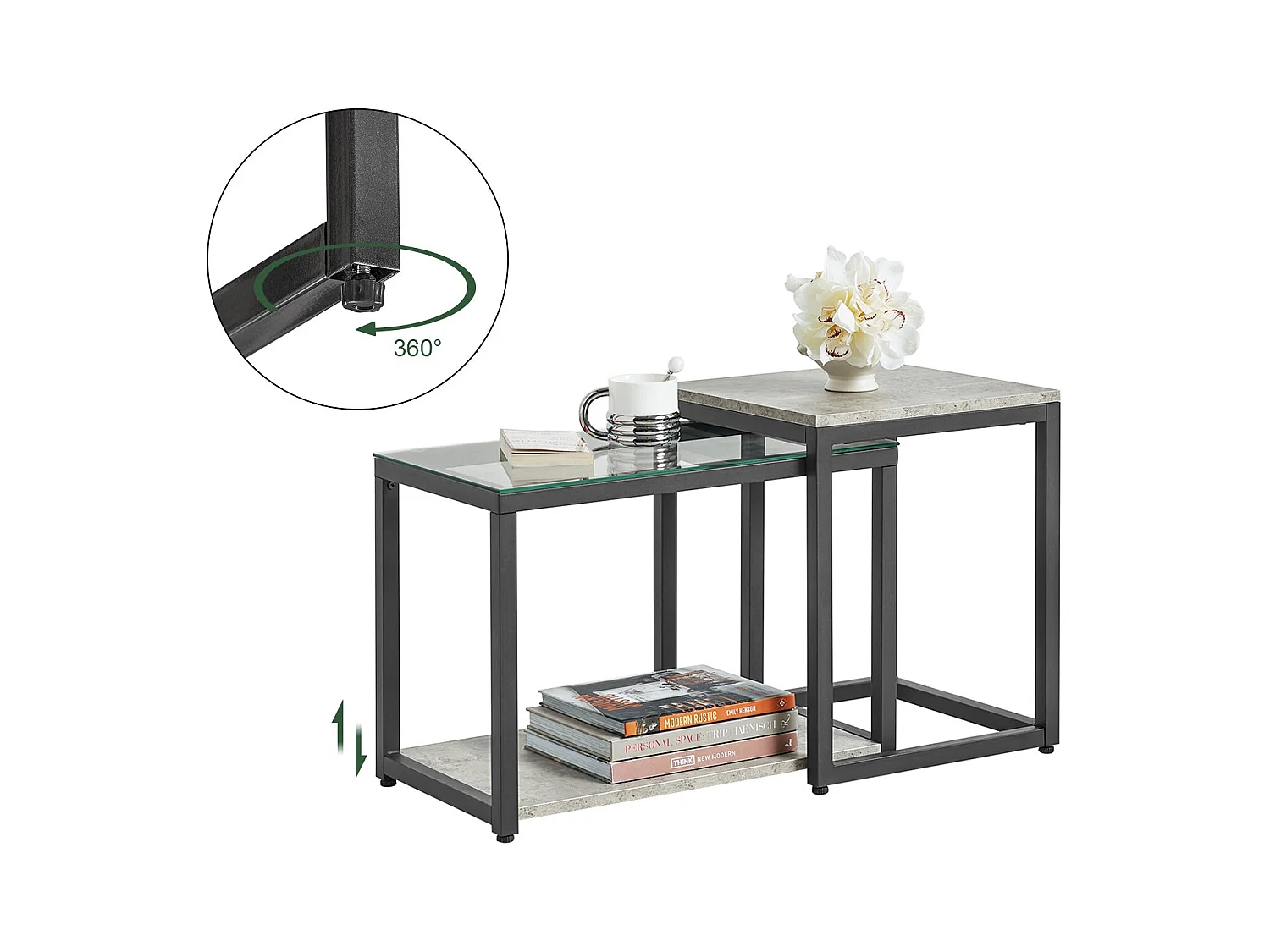 Lot De 2 Tables Basses Gigognes Tables De Salon Set De 2 Tables D'appoint Empilables Gris, Fbt35-hg
