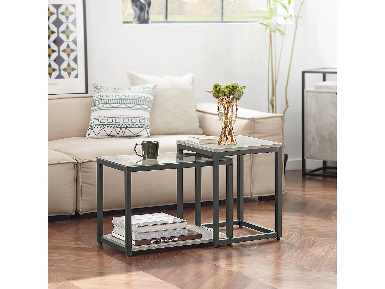 Lot De 2 Tables Basses Gigognes Tables De Salon Set De 2 Tables D'appoint Empilables Gris, Fbt35-hg