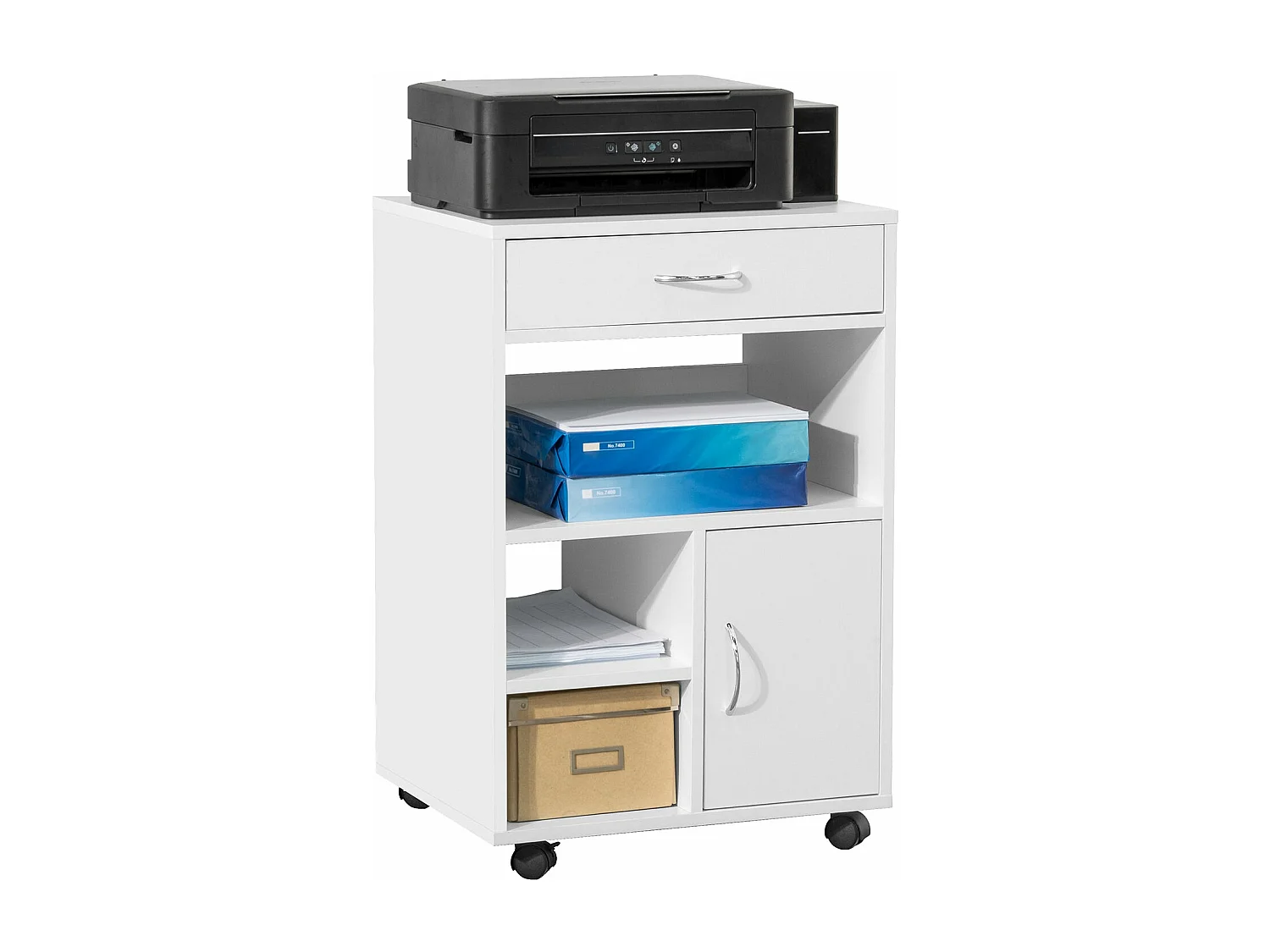 SoBuy FBT106-W Ondersteuning Imprimante Roulant Bureau Mobile Caisson Meuble de Rangement Bureau avec tiroir et porte