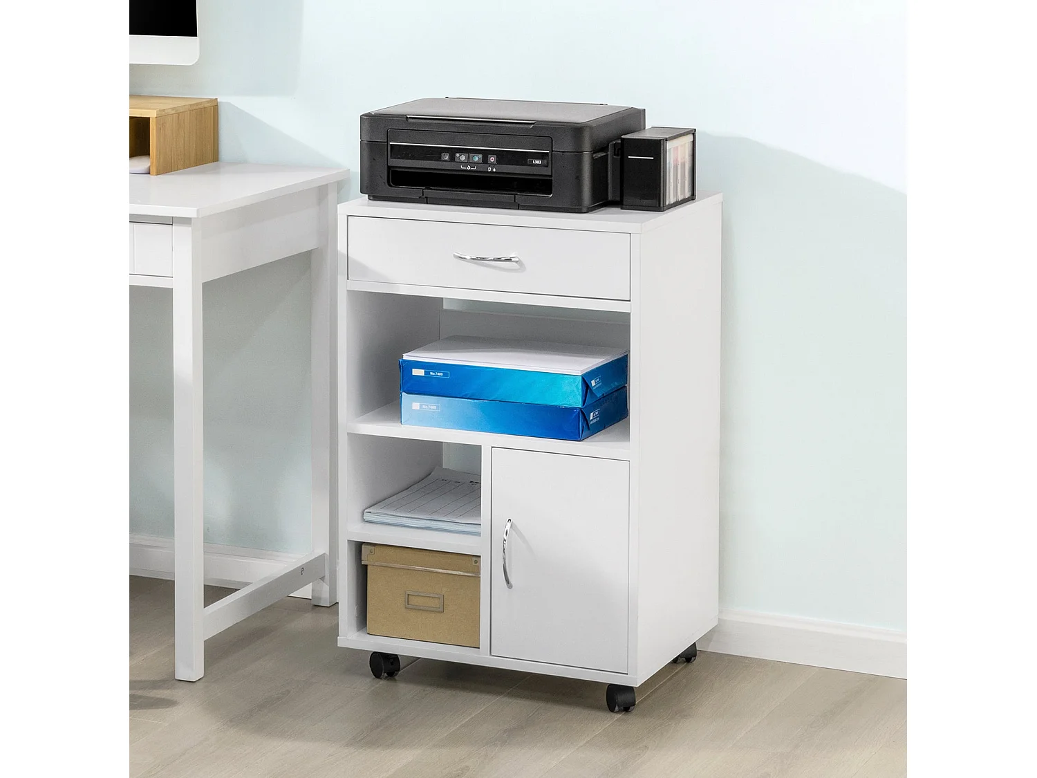 SoBuy FBT106-W Ondersteuning Imprimante Roulant Bureau Mobile Caisson Meuble de Rangement Bureau avec tiroir et porte