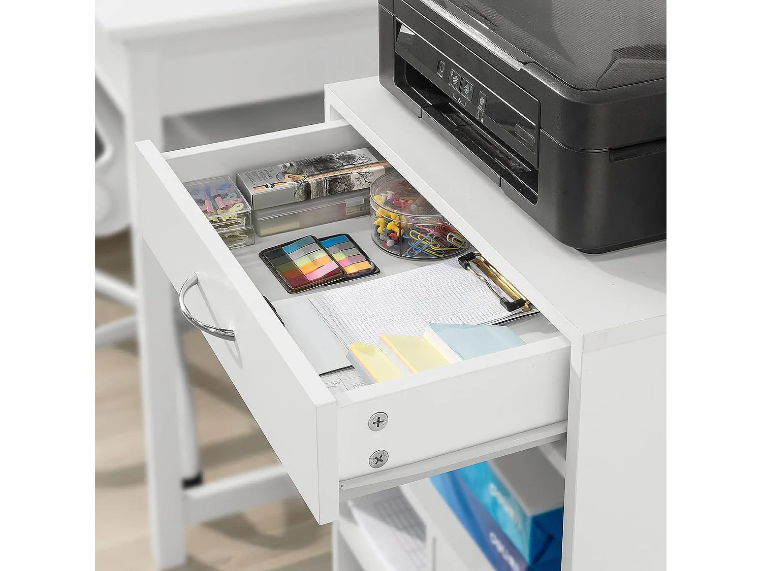 SoBuy FBT106-W Ondersteuning Imprimante Roulant Bureau Mobile Caisson Meuble de Rangement Bureau avec tiroir et porte