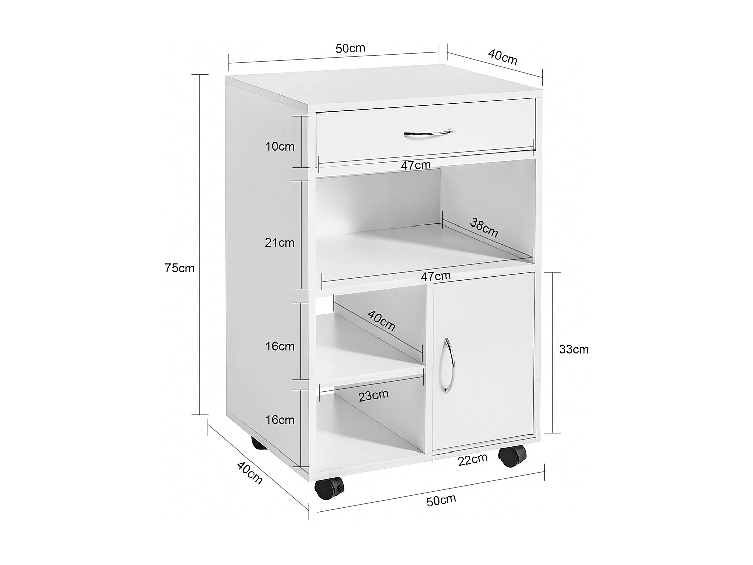 Support Imprimante Roulant Bureau Mobile Caisson Avec Tiroir Et Porte Blanc, Fbt106-w