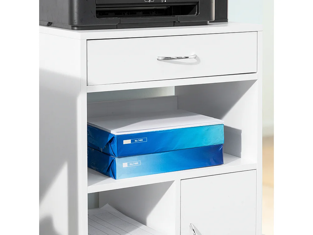 Support Imprimante Roulant Bureau Mobile Caisson Avec Tiroir Et Porte Blanc, Fbt106-w