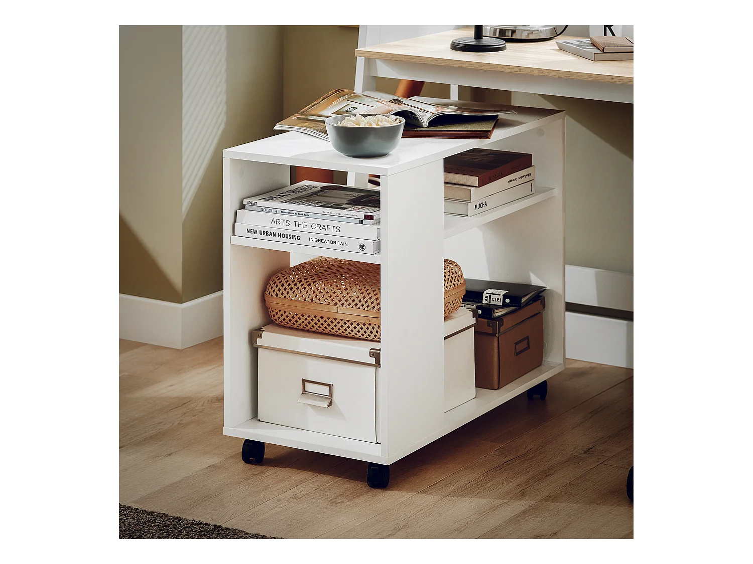 Mesa Auxiliar con 2 Estantes, Consola,Mesita de Noche con Ruedas FBT34-W SoBuy ES