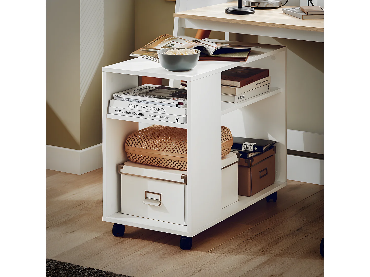 Bout De Canapé Table Café Roulante Avec 2 Étagères De Rangement Bibliothèque À Roulettes, Fbt34-w