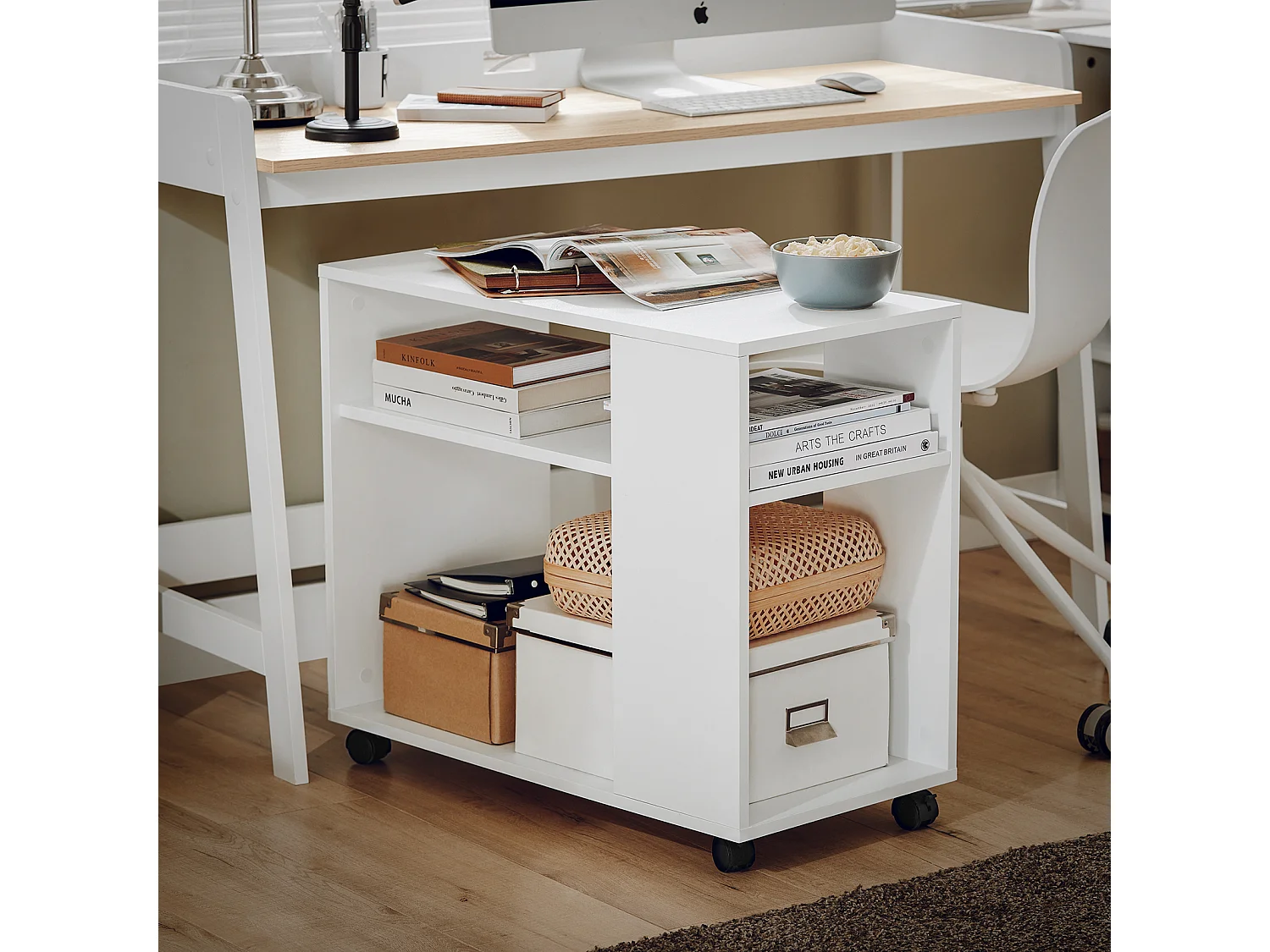 Bout De Canapé Table Café Roulante Avec 2 Étagères De Rangement Bibliothèque À Roulettes, Fbt34-w