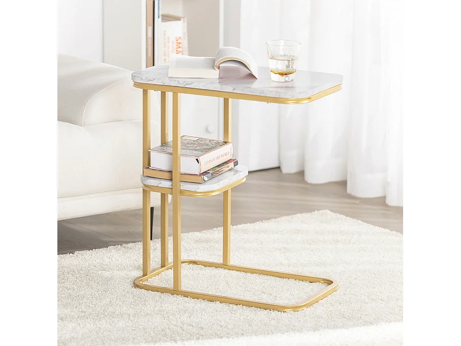 SoBuy Moderne bijzettafel Einde van de koffie Sofa Salontafel Nachtkastje met marmereffect Gouden metalen structuur, 50x30x58 cm, FBT110-G