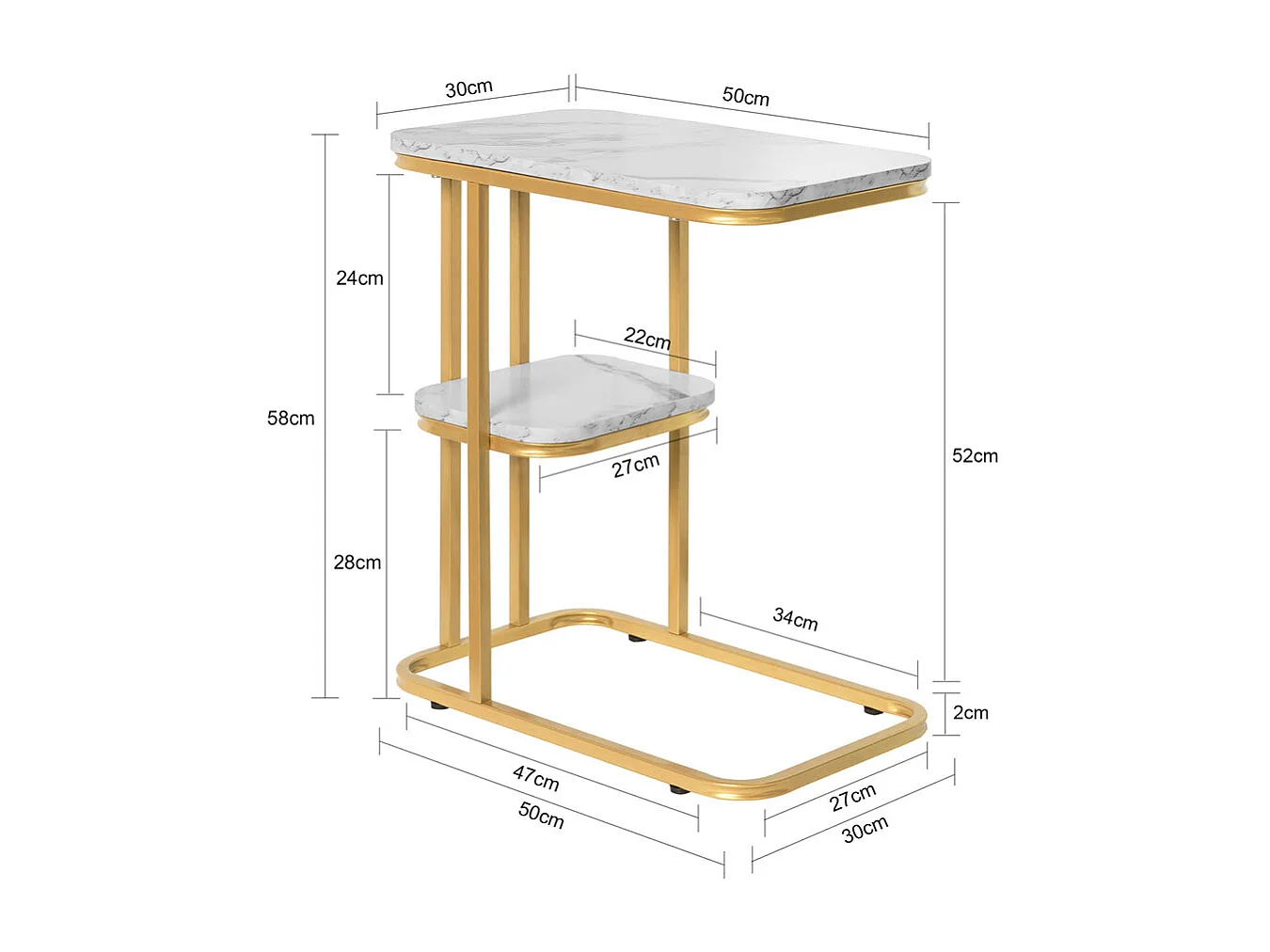 SoBuy Moderne bijzettafel Einde van de koffie Sofa Salontafel Nachtkastje met marmereffect Gouden metalen structuur, 50x30x58 cm, FBT110-G