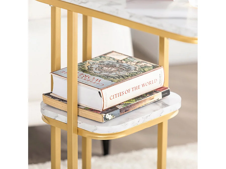 SoBuy Moderne bijzettafel Einde van de koffie Sofa Salontafel Nachtkastje met marmereffect Gouden metalen structuur, 50x30x58 cm, FBT110-G