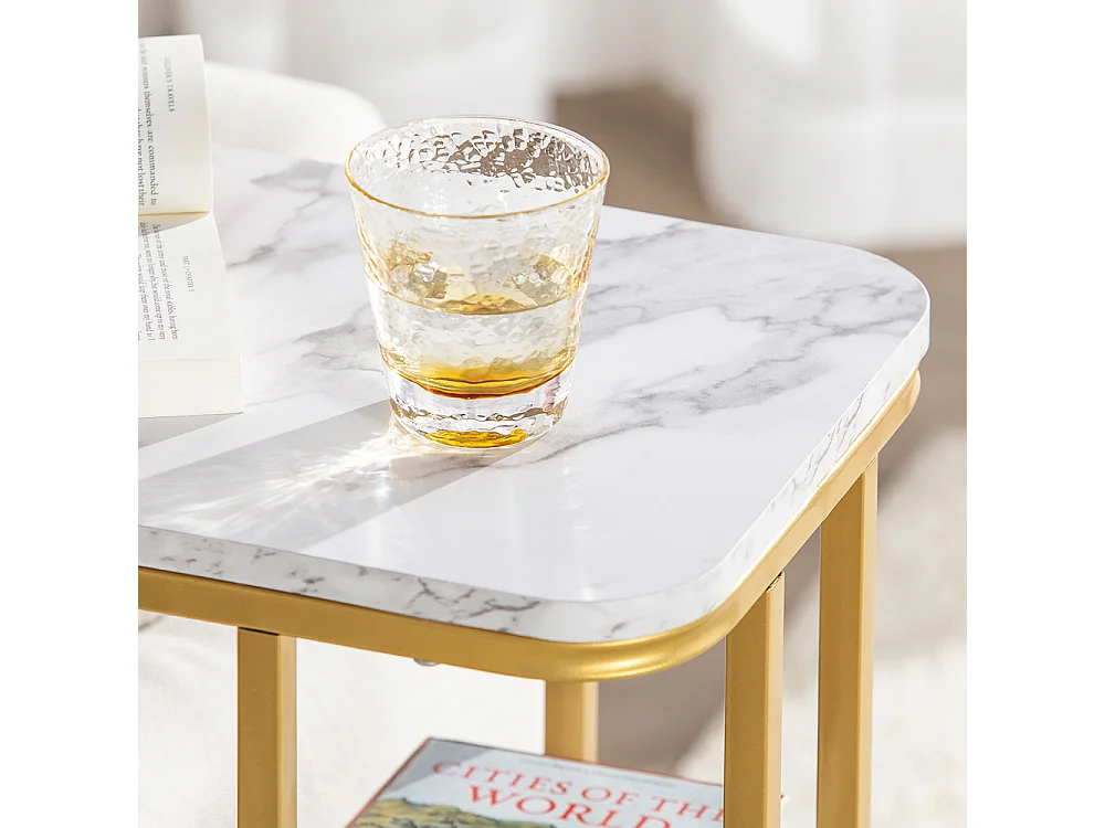 SoBuy Moderne bijzettafel Einde van de koffie Sofa Salontafel Nachtkastje met marmereffect Gouden metalen structuur, 50x30x58 cm, FBT110-G