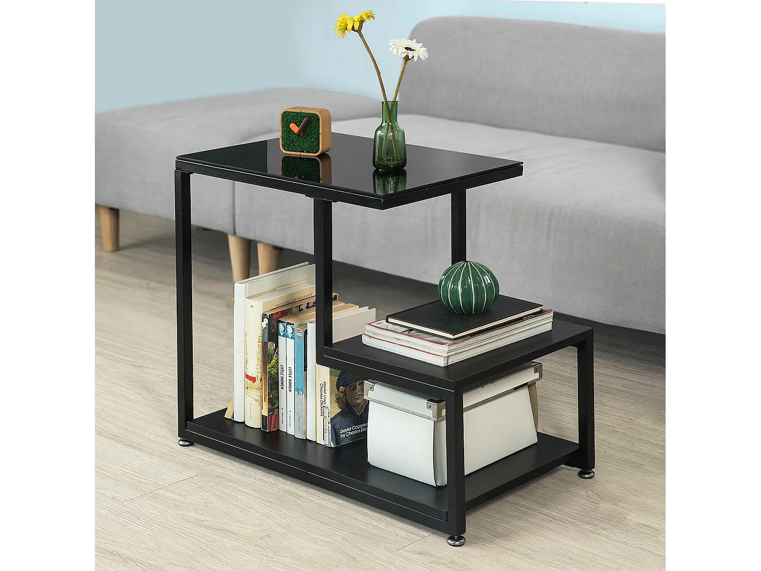 SoBuy FBT65-Sch Bijzettafel Glazen tafel Salontafel Zwart