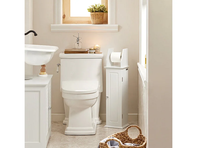 Support Papier Toilette Armoire Toilettes Porte Brosse Wc Sur Pied En Bois –blanc, BZr53-w